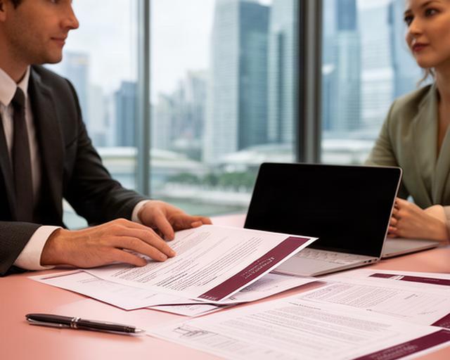 Singapore business district meeting room with contract pages and a consultant reviewing project terms