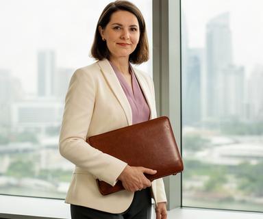 Alphy Rahiman, commercial contracts specialist, standing beside a Singapore office window with a leather folder